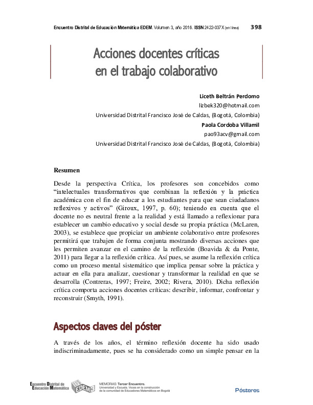 Acciones docentes críticas en el trabajo colaborativo Funes