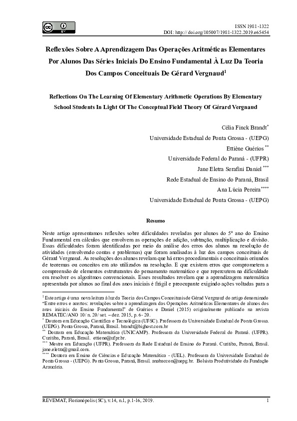 Reflexões Sobre A Aprendizagem Das Operações Aritméticas Elementares ...