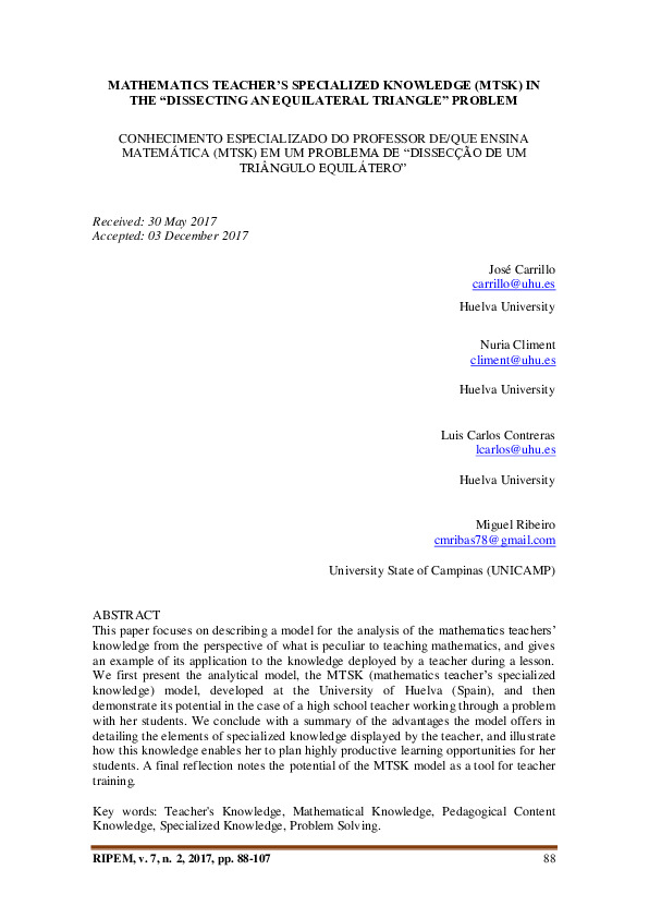 Mathematics teacher’s specialized knowledge (mtsk) in the “dissecting ...