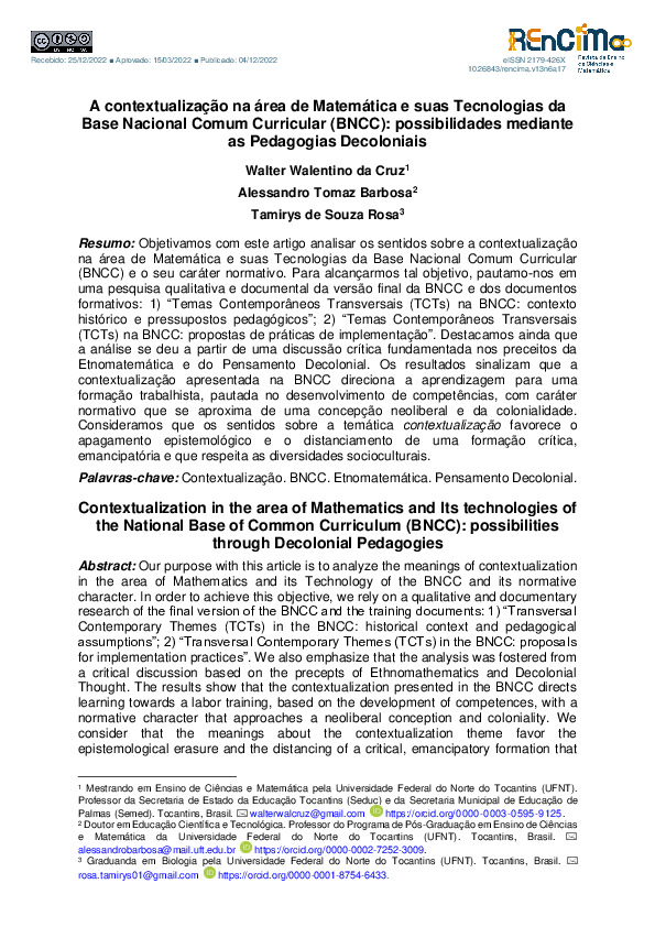 Contextualization in the area of mathematics and Its technologies of ...