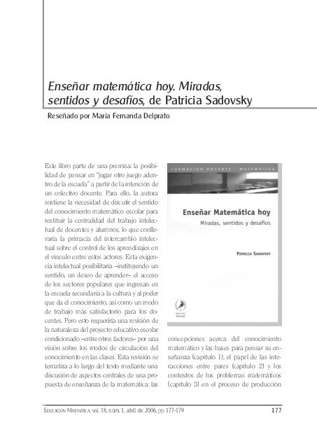 Enseñar Matemática Hoy Miradas Sentidos Y Desafíos De Patricia Sadovsky Reseña Funes 8265