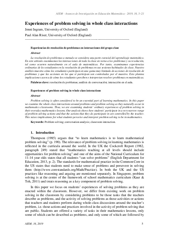 Experiences of problem solving in whole class interactions - Funes