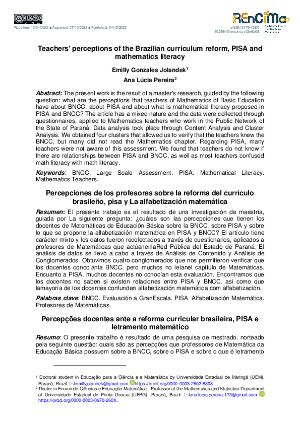 Teachers' perceptions of the brazilian curriculum reform, PISA and ...