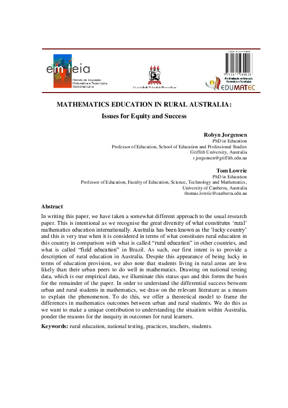 Mathematics education in rural australia: issues for equity and success ...