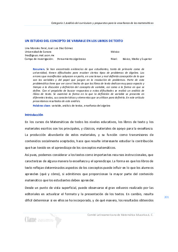 Un estudio del concepto de variable en los libros de texto - Funes