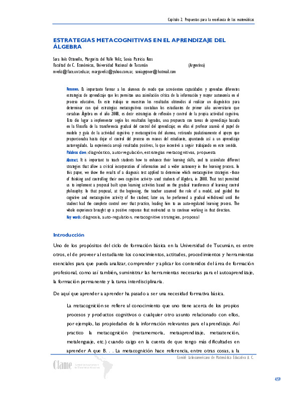 Estrategias metacognitivas en el aprendizaje del álgebra - Funes