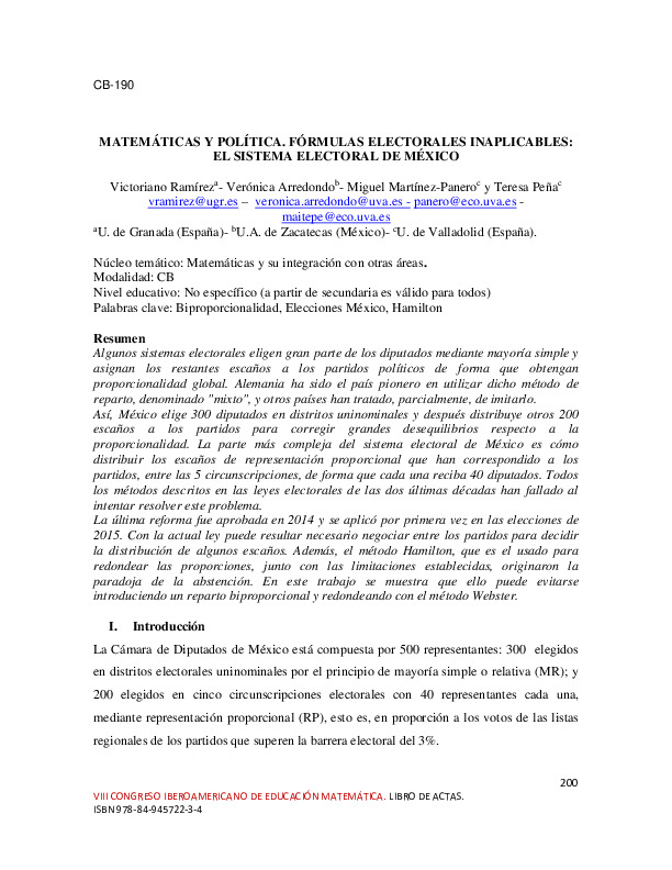 Matemáticas y política. Fórmulas electorales inaplicables el sistema