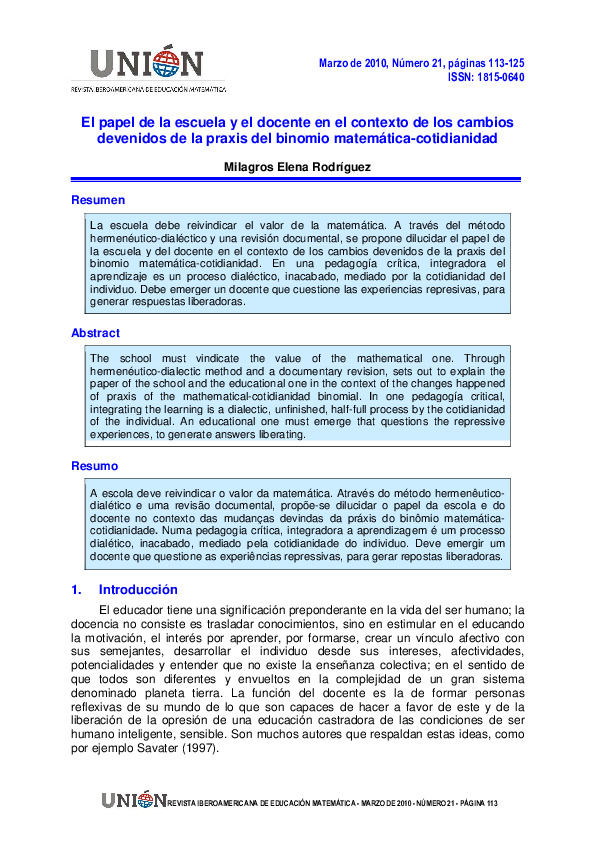 El papel de la escuela y el docente en el contexto de los cambios ...