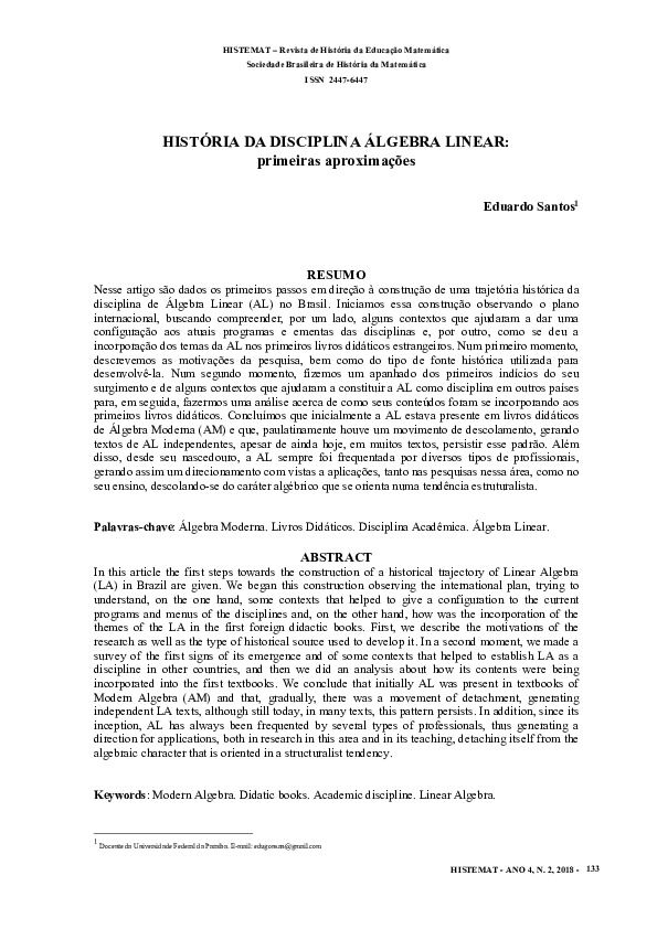 Hist Ria Da Disciplina Lgebra Linear Primeiras Aproxima Es Funes