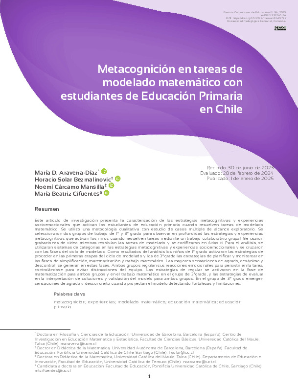 Metacognición en tareas de modelado matemático con estudiantes de Educación Primaria en Chile